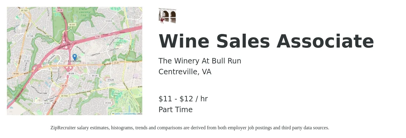 The Winery At Bull Run job posting for a Wine Sales Associate in Centreville, VA with a salary of $12 to $13 Hourly with a map of Centreville location.