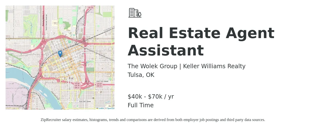 The Wolek Group | Keller Williams Realty job posting for a Real Estate Agent Assistant in Tulsa, OK with a salary of $40,000 to $70,000 Yearly with a map of Tulsa location.
