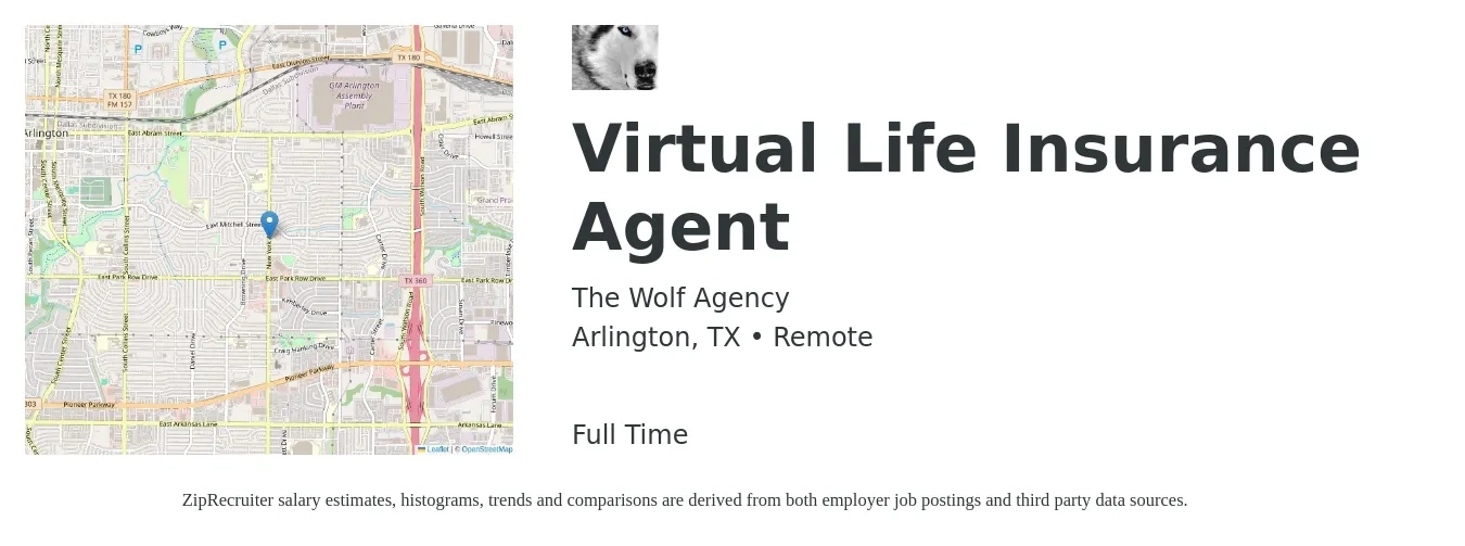 The Wolf Agency job posting for a Virtual Life Insurance Agent in Arlington, TX with a map of Arlington location.