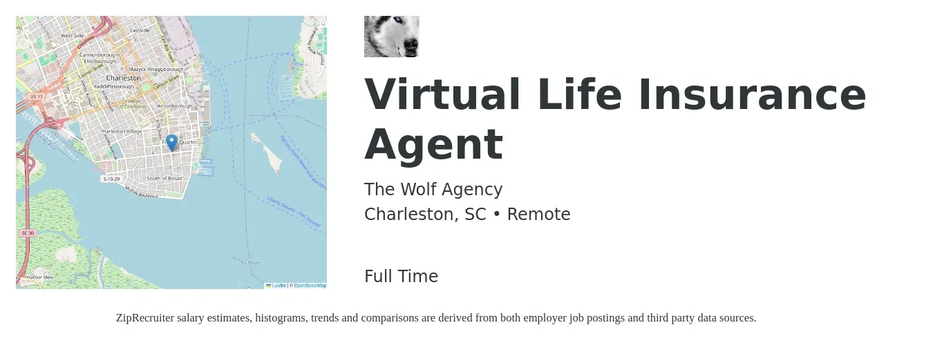 The Wolf Agency job posting for a Virtual Life Insurance Agent in Charleston, SC with a map of Charleston location.