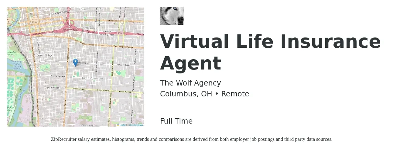 The Wolf Agency job posting for a Virtual Life Insurance Agent in Columbus, OH with a salary of $43,000 to $74,400 Yearly with a map of Columbus location.