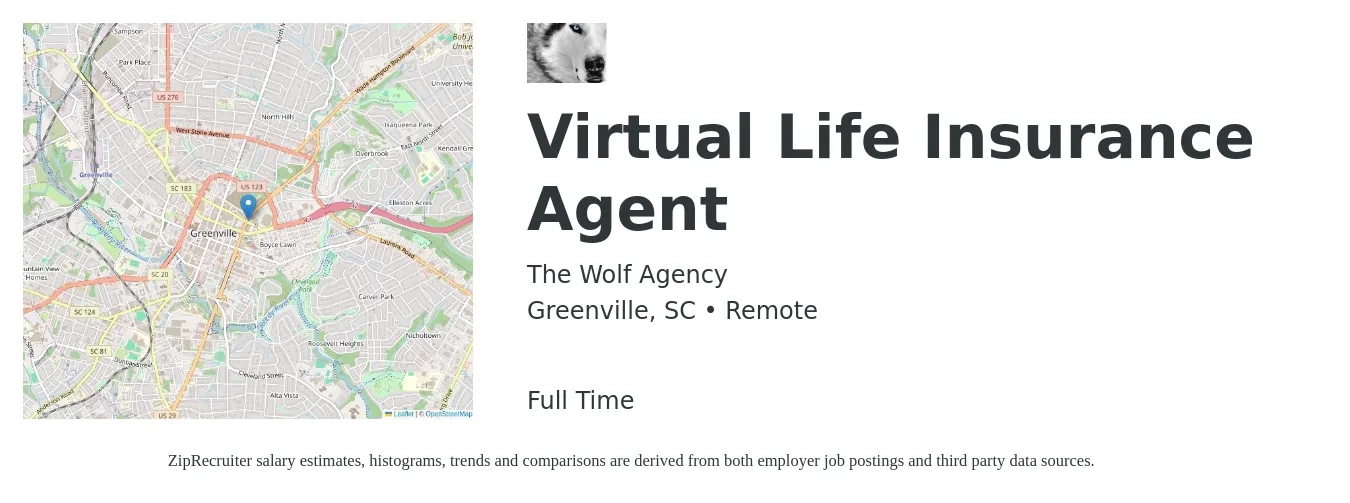The Wolf Agency job posting for a Virtual Life Insurance Agent in Greenville, SC with a map of Greenville location.