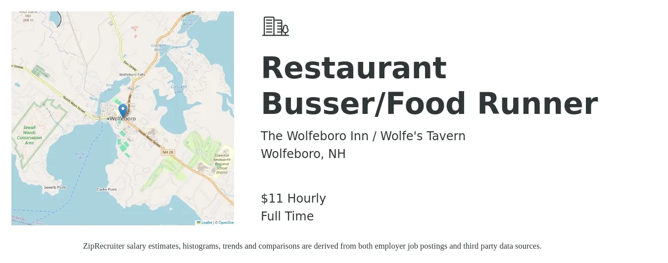 The Wolfeboro Inn / Wolfe's Tavern job posting for a Restaurant Busser/Food Runner in Wolfeboro, NH with a salary of $12 Hourly with a map of Wolfeboro location.