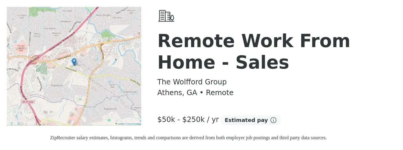 The Wolfford Group job posting for a Remote Work From Home - Sales in Athens, GA with a salary of $50,000 to $250,000 Yearly with a map of Athens location.