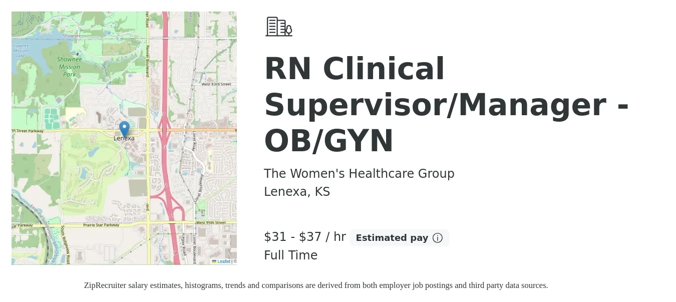 The Women's Healthcare Group job posting for a RN Clinical Supervisor/Manager - OB/GYN in Lenexa, KS with a salary of $33 to $39 Hourly with a map of Lenexa location.