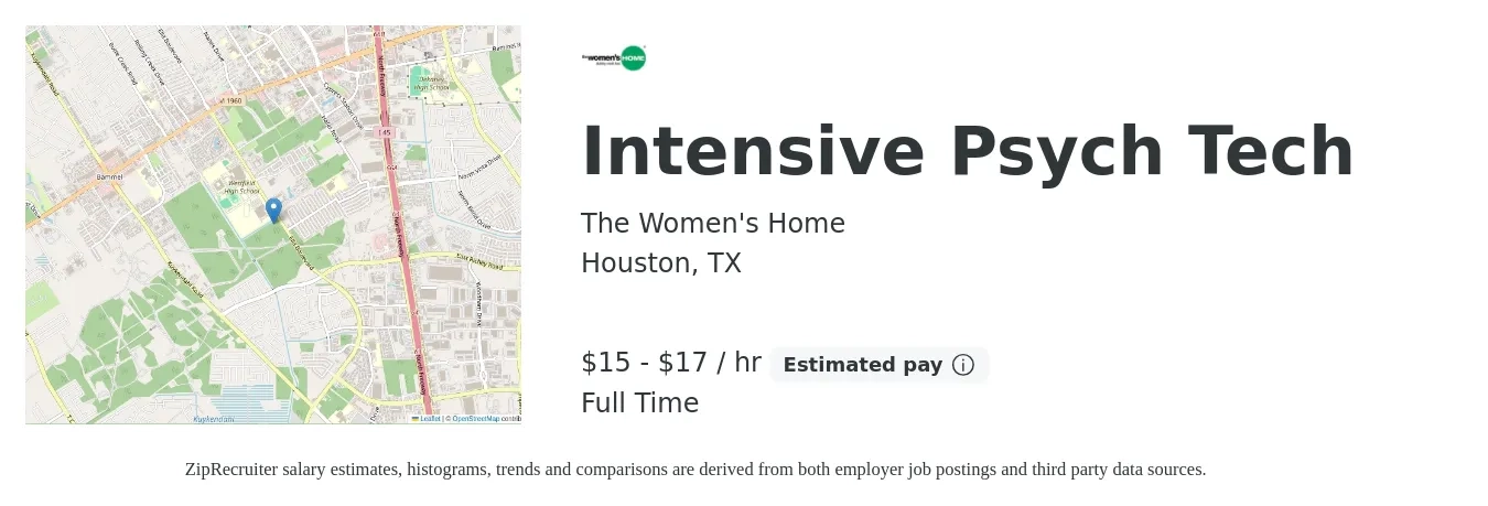 The Women's Home job posting for a Intensive Psych Tech in Houston, TX with a salary of $16 to $18 Hourly with a map of Houston location.