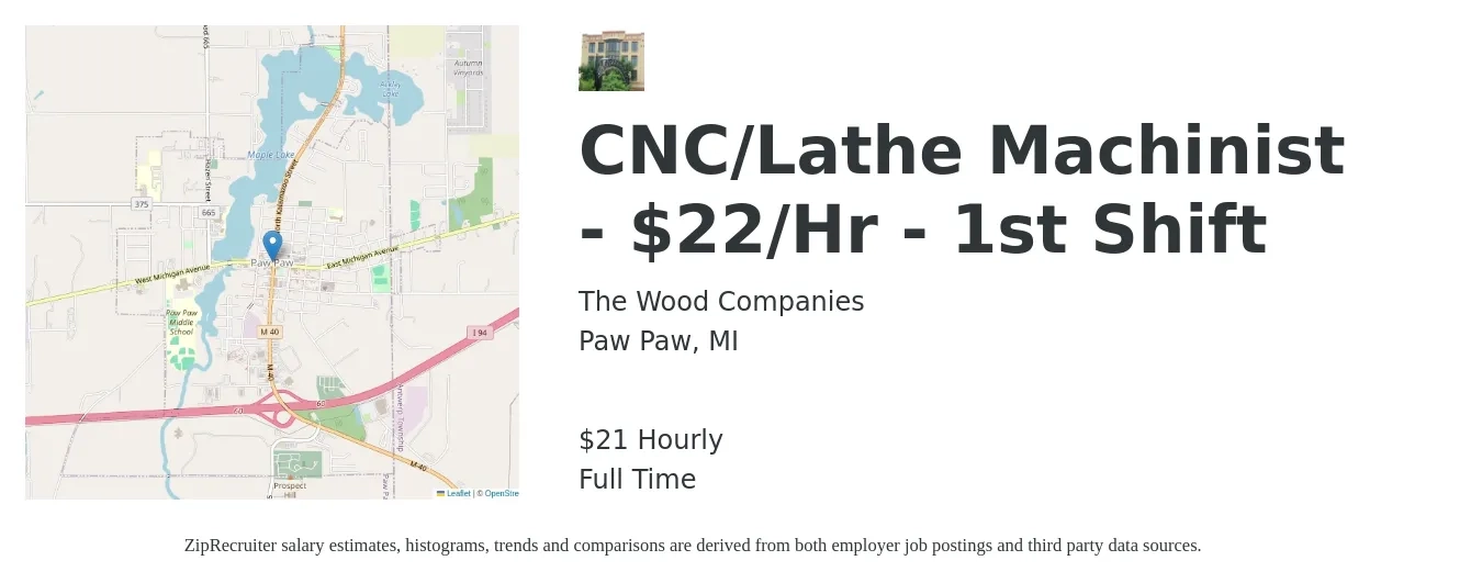 The Wood Companies job posting for a CNC/Lathe Machinist - $22/Hr - 1st Shift in Paw Paw, MI with a salary of $22 Hourly with a map of Paw Paw location.