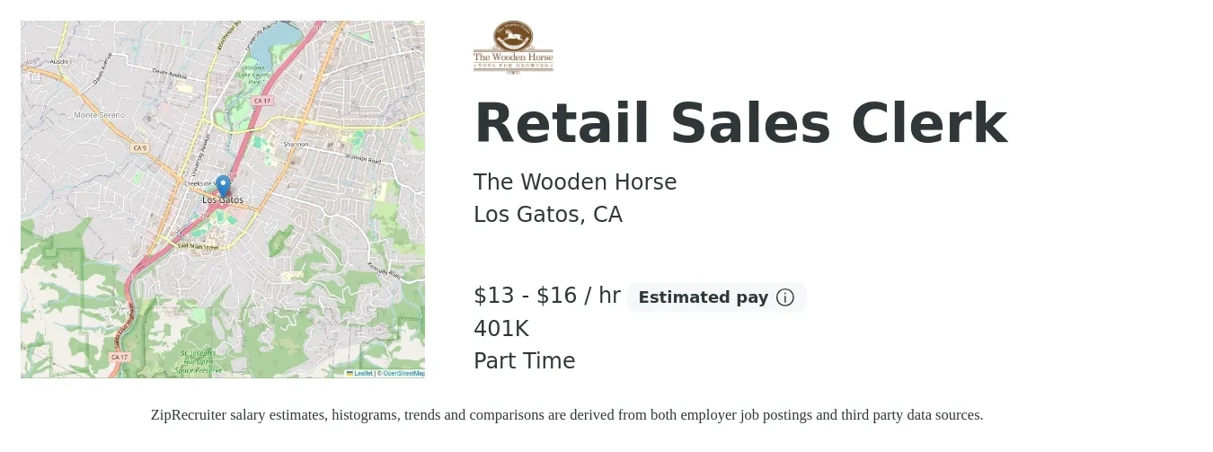 The Wooden Horse job posting for a Retail Sales Clerk in Los Gatos, CA with a salary of $14 to $17 Hourly and benefits including 401k with a map of Los Gatos location.