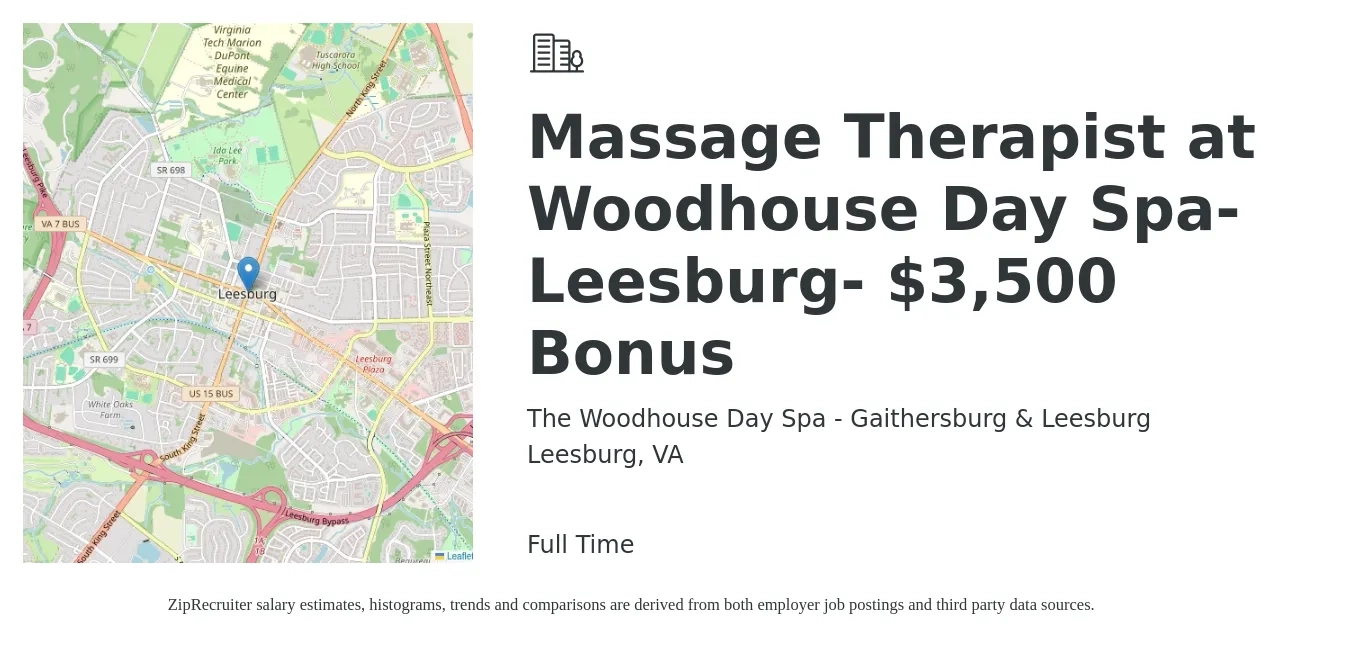 The Woodhouse Day Spa - Gaithersburg & Leesburg job posting for a Massage Therapist at Woodhouse Day Spa- Leesburg- $3,500 Bonus in Leesburg, VA with a salary of $25 to $48 Hourly with a map of Leesburg location.