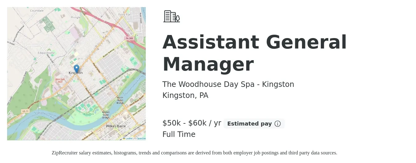 The Woodhouse Day Spa - Kingston job posting for a Assistant General Manager in Kingston, PA with a salary of $50,000 to $60,000 Yearly with a map of Kingston location.