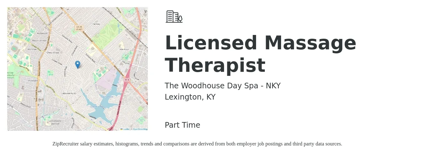 The Woodhouse Day Spa - NKY job posting for a Licensed Massage Therapist in Lexington, KY with a salary of $25 to $43 Hourly with a map of Lexington location.