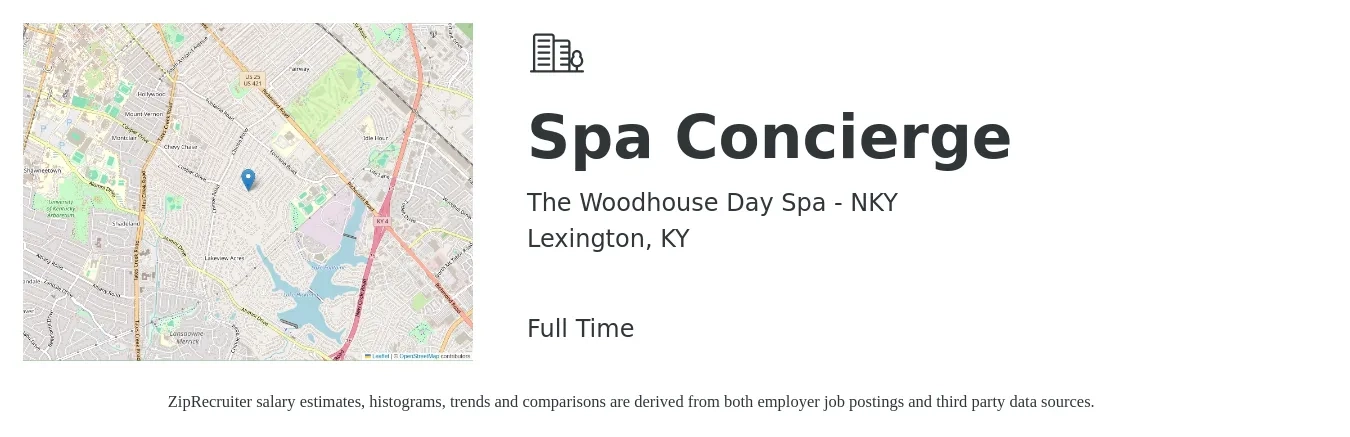 The Woodhouse Day Spa - NKY job posting for a Spa Concierge in Lexington, KY with a salary of $12 to $15 Hourly with a map of Lexington location.