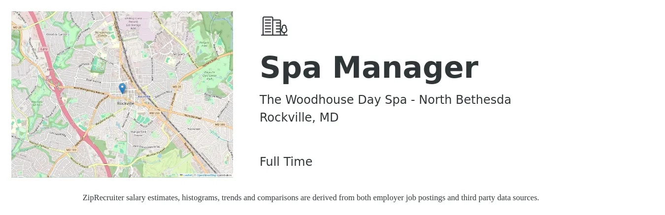 The Woodhouse Day Spa - North Bethesda job posting for a Spa Manager in Rockville, MD with a salary of $42,300 to $57,100 Yearly with a map of Rockville location.