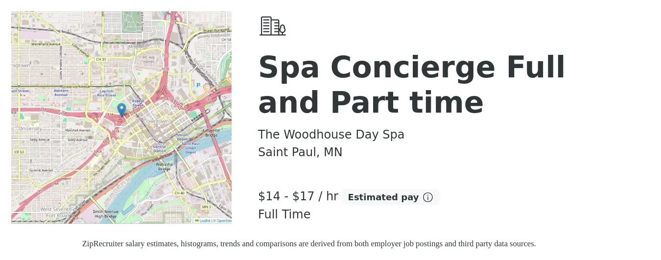 The Woodhouse Day Spa job posting for a Spa Concierge Full and Part time in Saint Paul, MN with a salary of $15 to $18 Hourly with a map of Saint Paul location.