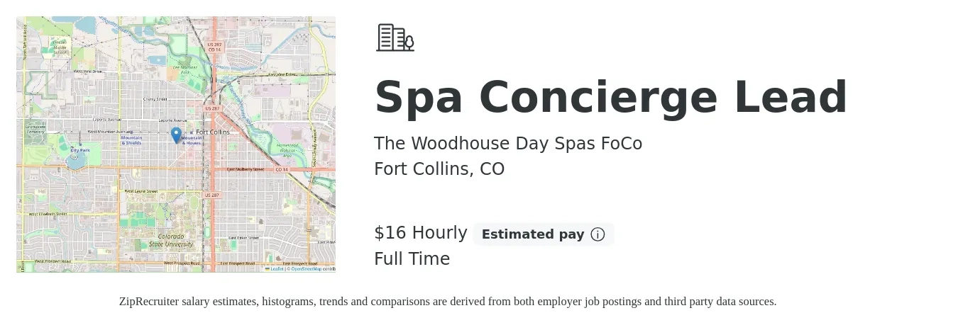 The Woodhouse Day Spas FoCo job posting for a Spa Concierge Lead in Fort Collins, CO with a salary of $17 Hourly with a map of Fort Collins location.