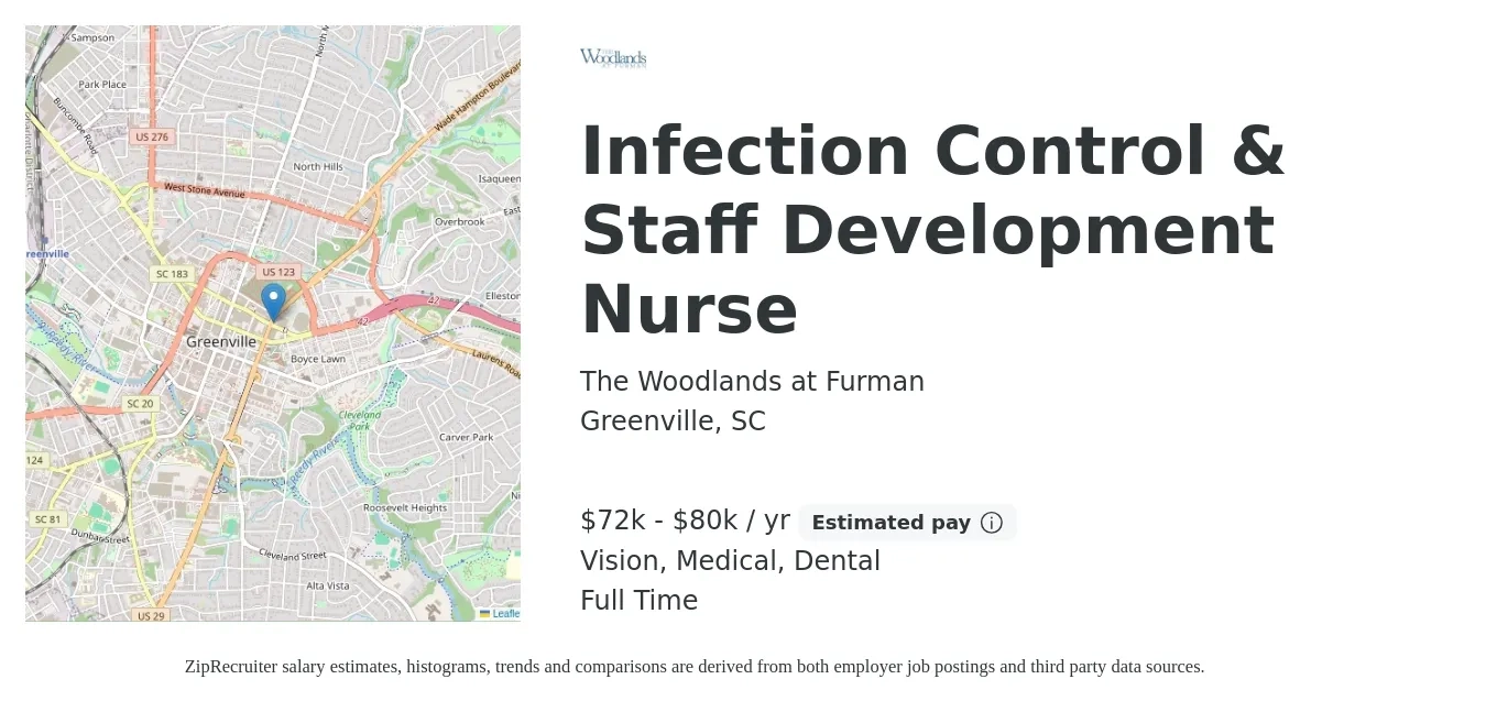 The Woodlands at Furman job posting for a Infection Control & Staff Development Nurse in Greenville, SC with a salary of $72,000 to $80,000 Yearly and benefits including life_insurance, medical, retirement, vision, and dental with a map of Greenville location.