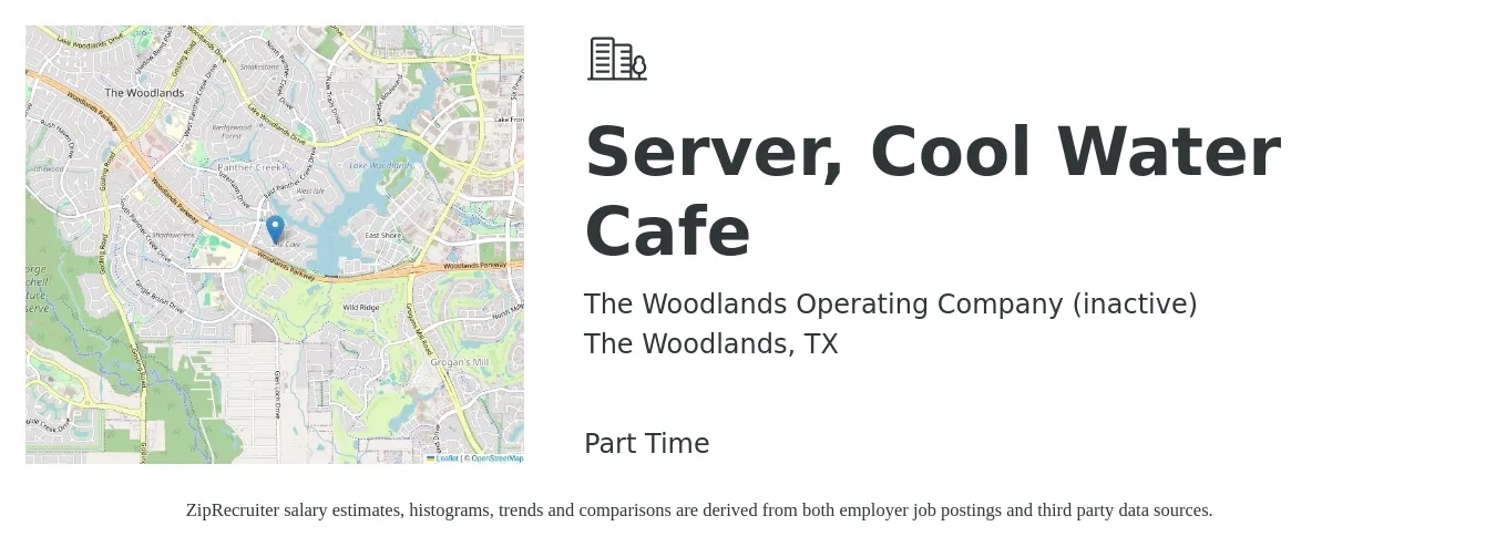 The Woodlands Operating Company (inactive) job posting for a Server- Cool Water Cafe in The Woodlands, TX with a salary of $10 to $16 Hourly with a map of The Woodlands location.