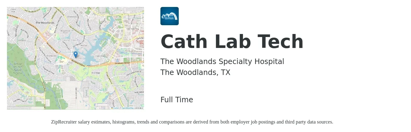 The Woodlands Specialty Hospital job posting for a Cath Lab Tech in The Woodlands, TX with a salary of $2,040 to $2,720 Weekly with a map of The Woodlands location.