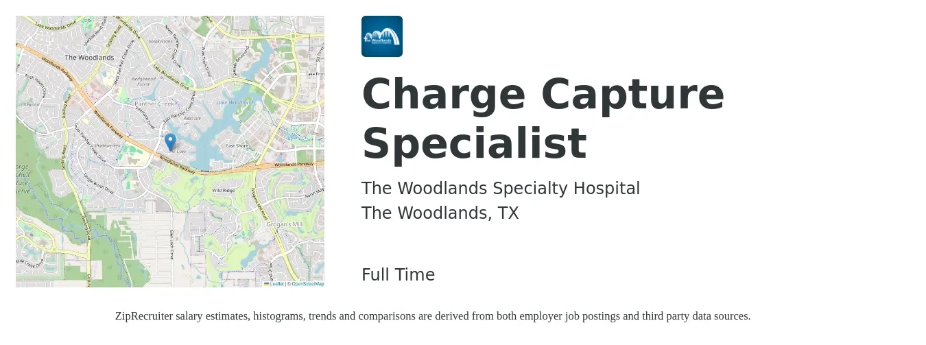 The Woodlands Specialty Hospital job posting for a Charge Capture Specialist in The Woodlands, TX with a salary of $16 to $28 Hourly with a map of The Woodlands location.