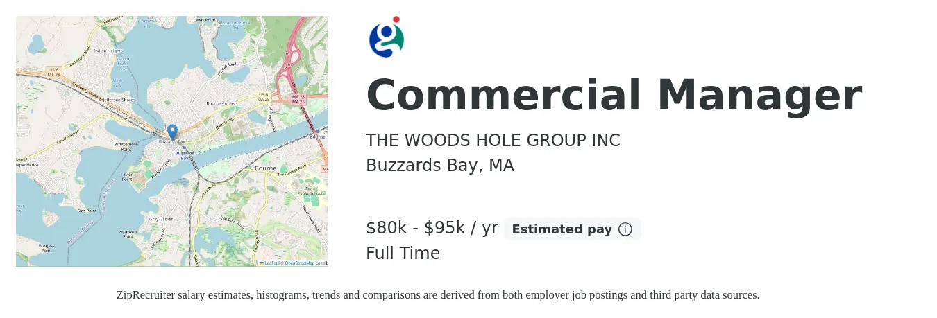 THE WOODS HOLE GROUP INC job posting for a Commercial Manager in Buzzards Bay, MA with a salary of $80,000 to $95,000 Yearly with a map of Buzzards Bay location.