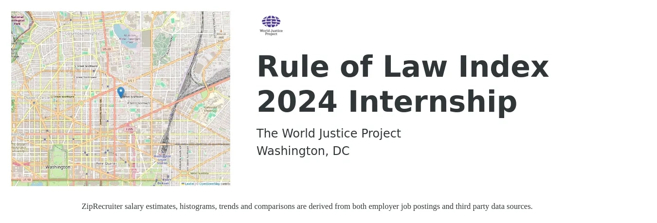 The World Justice Project job posting for a Rule of Law Index 2024 Internship in Washington, DC with a salary of $5,000 to $8,680 Monthly with a map of Washington location.