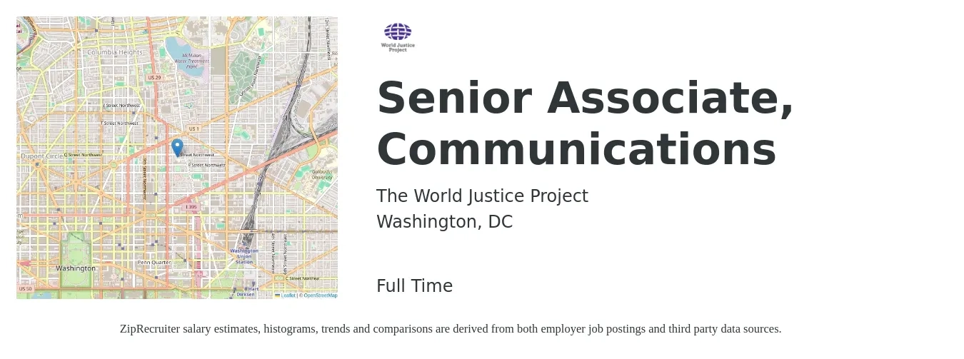 The World Justice Project job posting for a Senior Associate, Communications in Washington, DC with a salary of $72,500 to $130,800 Yearly with a map of Washington location.