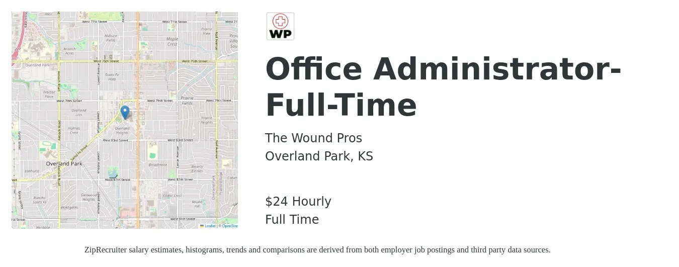 The Wound Pros job posting for a Office Administrator- Full-Time in Overland Park, KS with a salary of $25 Hourly with a map of Overland Park location.