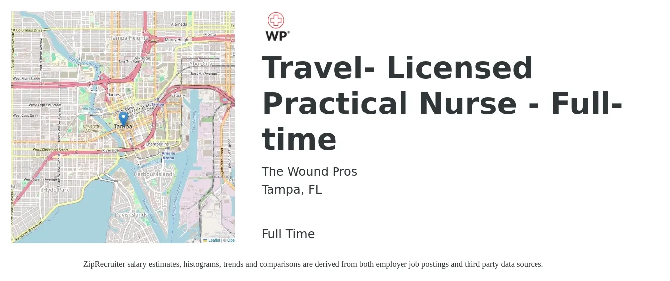 The Wound Pros job posting for a Travel- Licensed Practical Nurse - Full-time in Tampa, FL with a salary of $24 to $33 Hourly with a map of Tampa location.