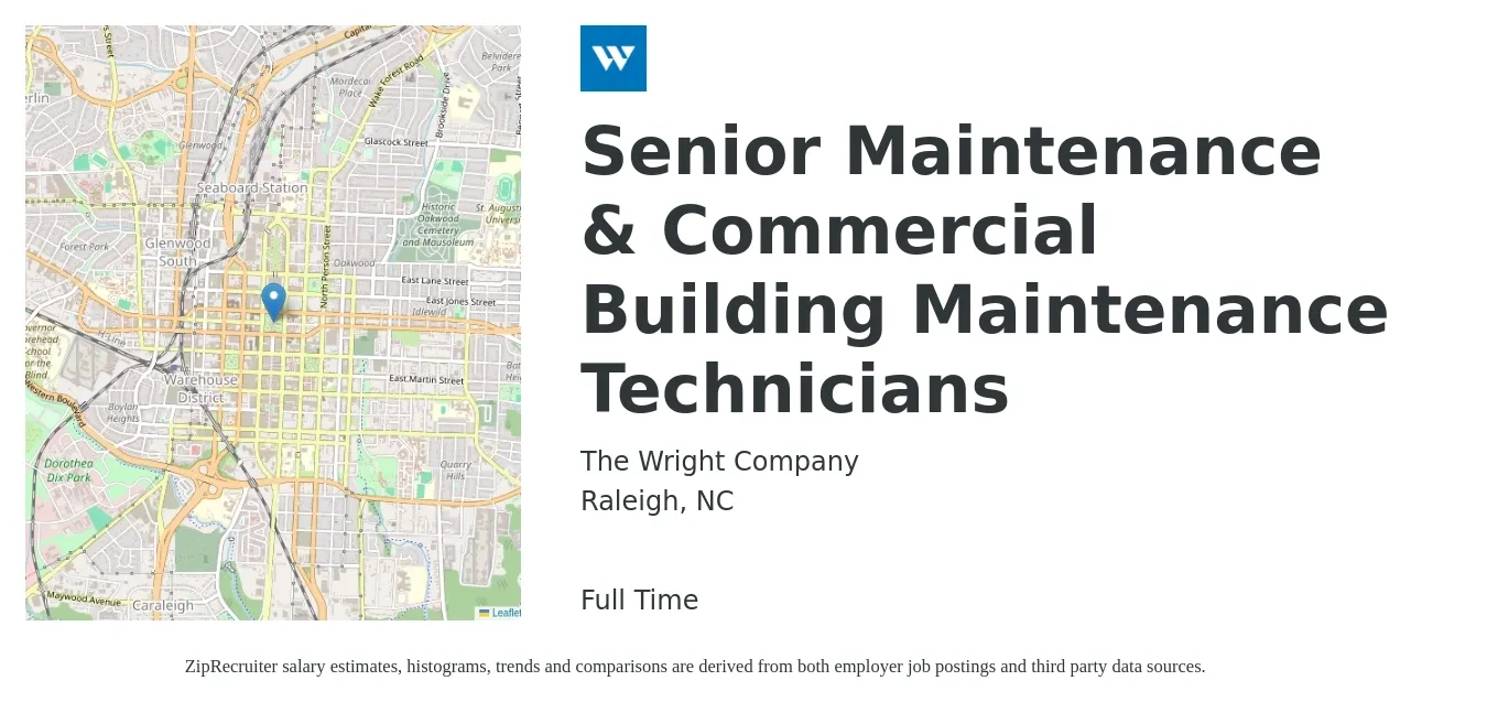 The Wright Company job posting for a Senior Maintenance & Commercial Building Maintenance Technicians in Raleigh, NC with a salary of $23 to $32 Hourly with a map of Raleigh location.