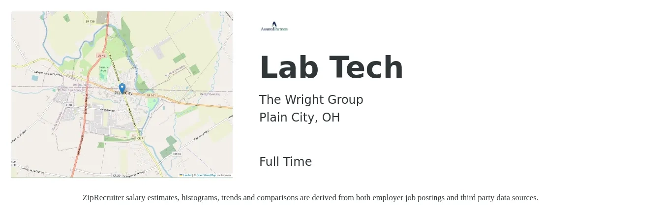 The Wright Group job posting for a Lab Tech in Plain City, OH with a salary of $19 to $25 Hourly with a map of Plain City location.
