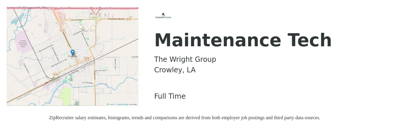 The Wright Group job posting for a Maintenance Tech in Crowley, LA with a salary of $15 to $21 Hourly with a map of Crowley location.