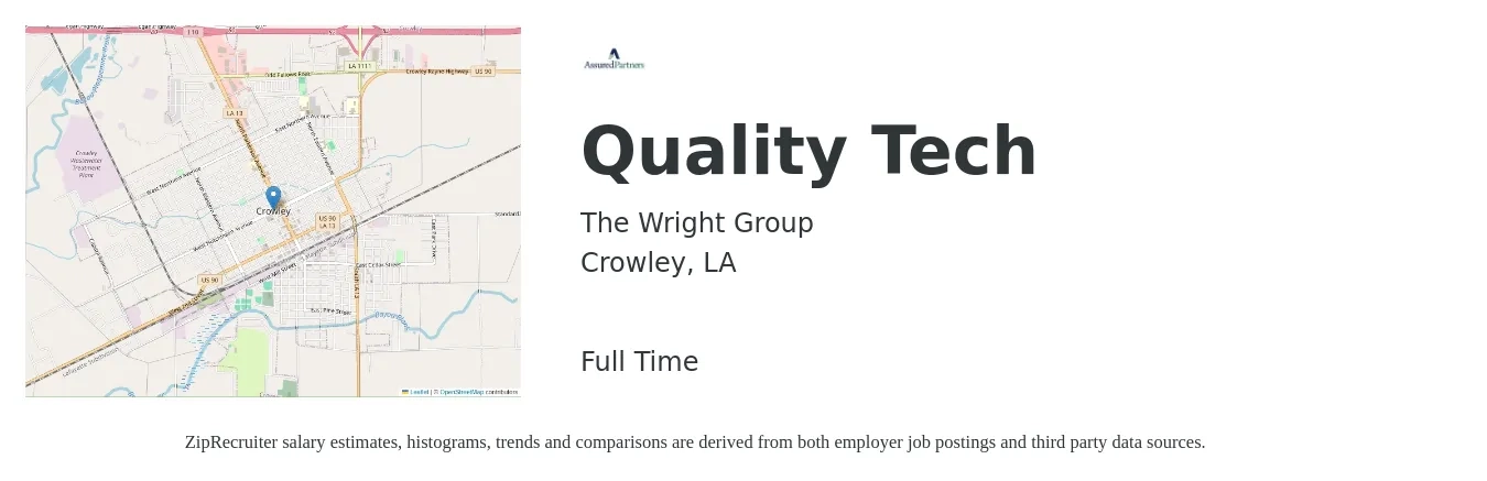 The Wright Group job posting for a Quality Tech in Crowley, LA with a salary of $14 to $19 Hourly with a map of Crowley location.