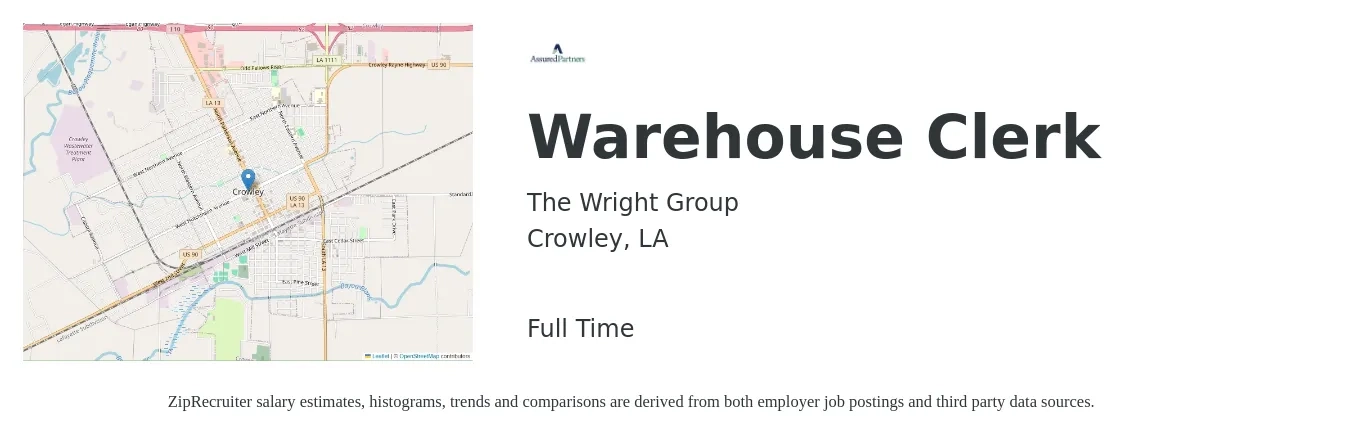 The Wright Group job posting for a Warehouse Clerk in Crowley, LA with a salary of $12 to $15 Hourly with a map of Crowley location.