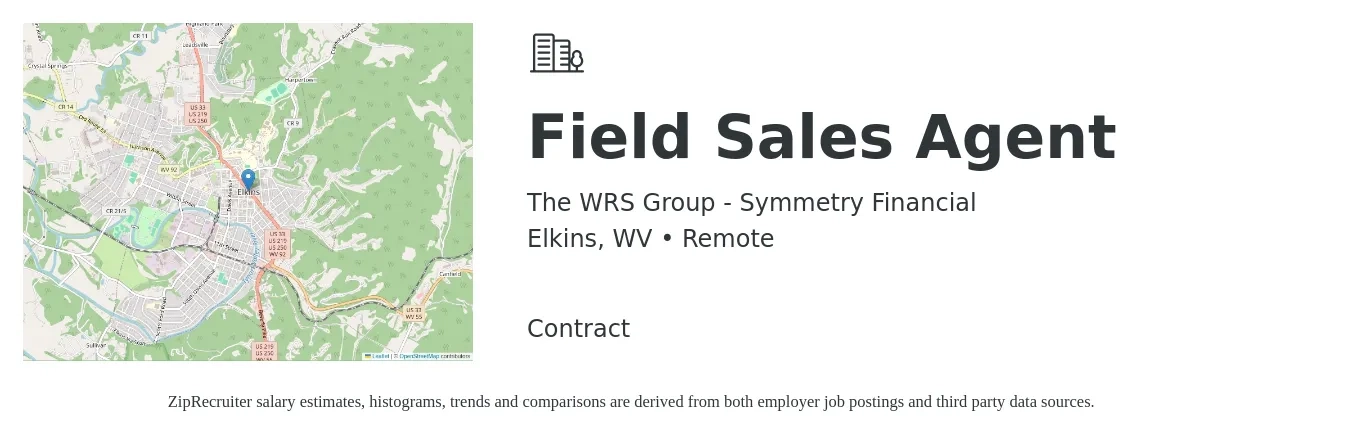 The WRS Group - Symmetry Financial job posting for a Field Sales Agent in Elkins, WV with a salary of $17 to $32 Hourly with a map of Elkins location.