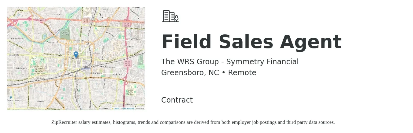The WRS Group - Symmetry Financial job posting for a Field Sales Agent in Greensboro, NC with a salary of $20 to $36 Hourly with a map of Greensboro location.
