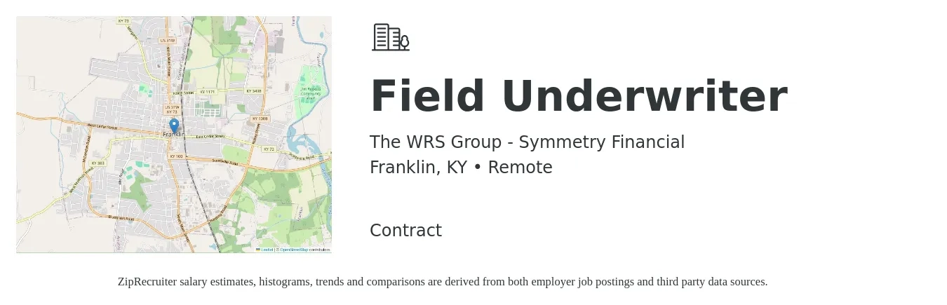 The WRS Group - Symmetry Financial job posting for a Field Underwriter in Franklin, KY with a salary of $79,800 to $95,500 Yearly with a map of Franklin location.