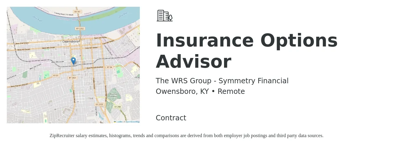 The WRS Group - Symmetry Financial job posting for a Insurance Options Advisor in Owensboro, KY with a salary of $47,500 to $79,200 Yearly with a map of Owensboro location.