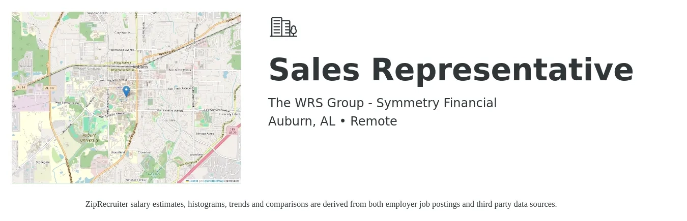The WRS Group - Symmetry Financial job posting for a Sales Representative in Auburn, AL with a salary of $44,700 to $77,700 Yearly with a map of Auburn location.