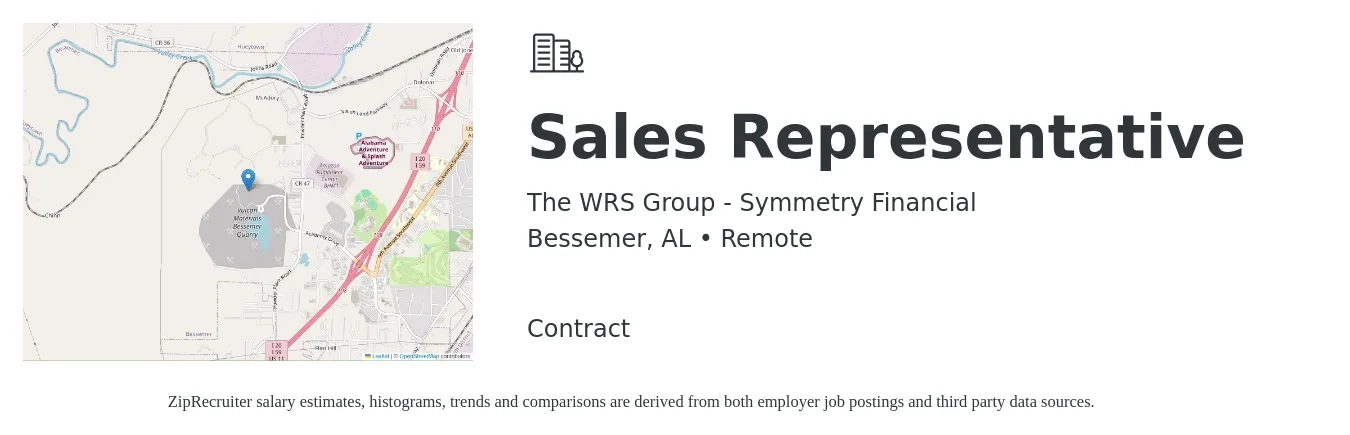 The WRS Group - Symmetry Financial job posting for a Sales Representative in Bessemer, AL with a salary of $48,400 to $84,100 Yearly with a map of Bessemer location.