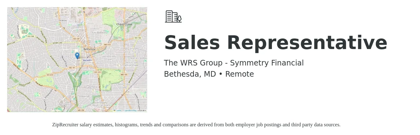 The WRS Group - Symmetry Financial job posting for a Sales Representative in Bethesda, MD with a salary of $57,400 to $99,800 Yearly with a map of Bethesda location.