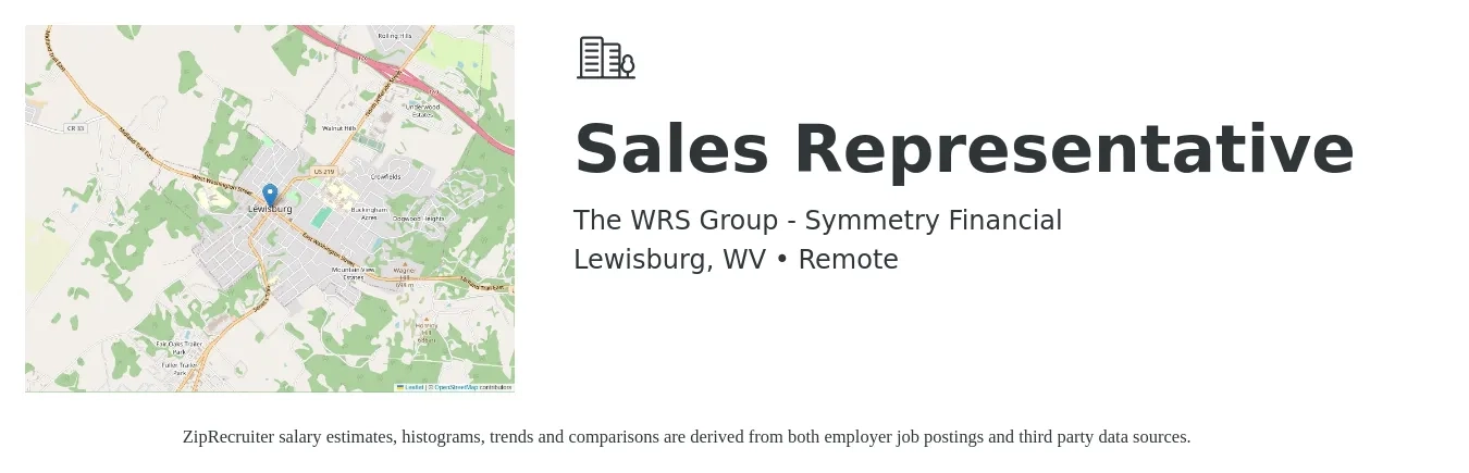 The WRS Group - Symmetry Financial job posting for a Sales Representative in Lewisburg, WV with a salary of $44,700 to $77,800 Yearly with a map of Lewisburg location.