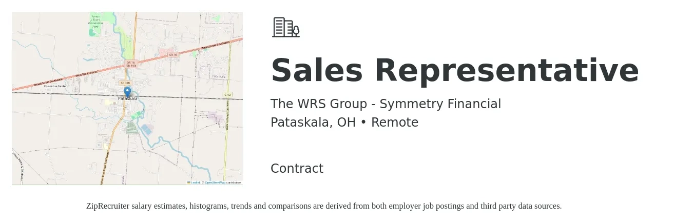 The WRS Group - Symmetry Financial job posting for a Sales Representative in Pataskala, OH with a salary of $51,400 to $89,400 Yearly with a map of Pataskala location.