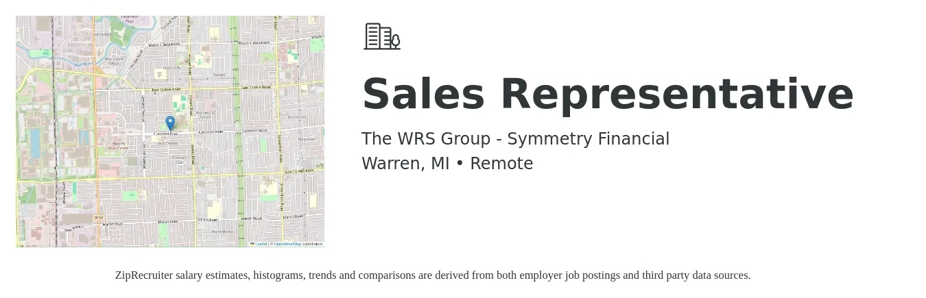 The WRS Group - Symmetry Financial job posting for a Sales Representative in Warren, MI with a salary of $50,500 to $87,800 Yearly with a map of Warren location.
