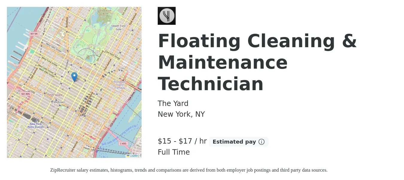 The Yard job posting for a Floating Cleaning & Maintenance Technician in New York, NY with a salary of $16 to $18 Hourly with a map of New York location.
