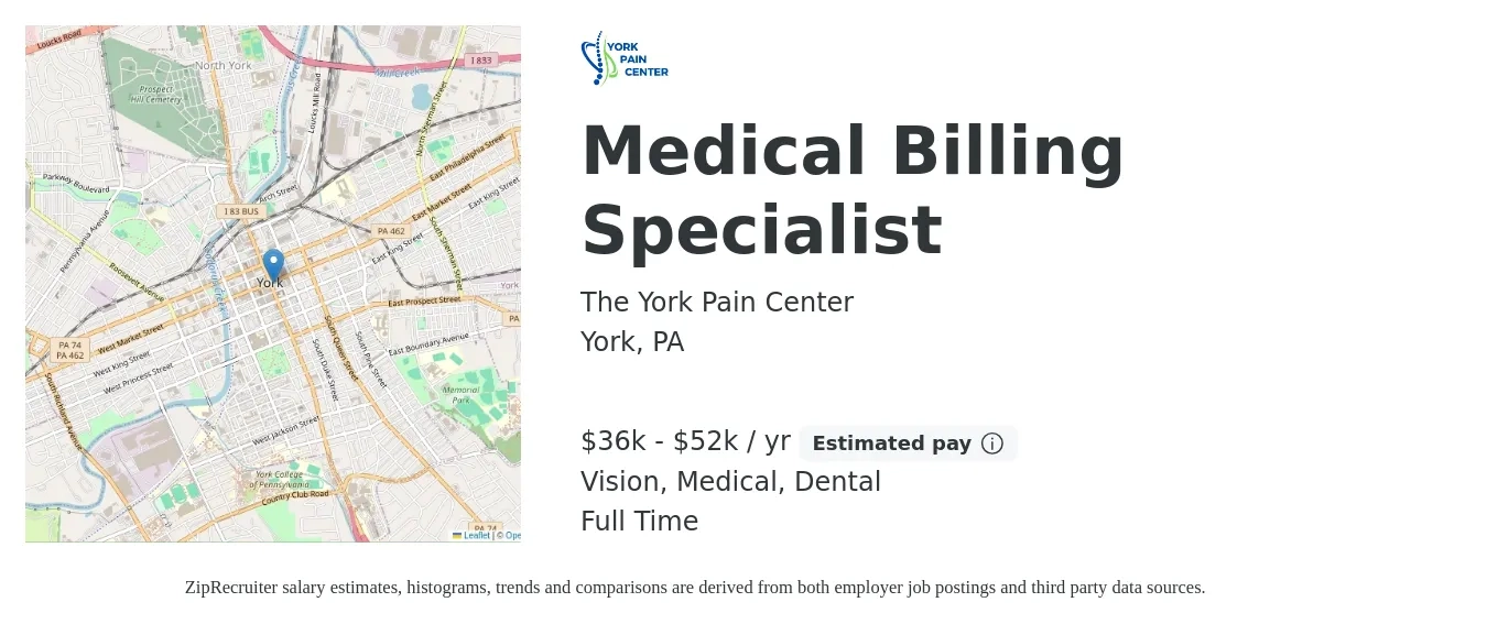 The York Pain Center job posting for a Medical Billing Specialist in York, PA with a salary of $36,000 to $52,000 Yearly and benefits including pto, retirement, vision, dental, life_insurance, and medical with a map of York location.
