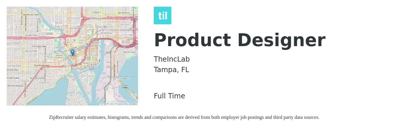 TheIncLab job posting for a Product Designer in Tampa, FL with a salary of $123,800 to $146,500 Yearly with a map of Tampa location.