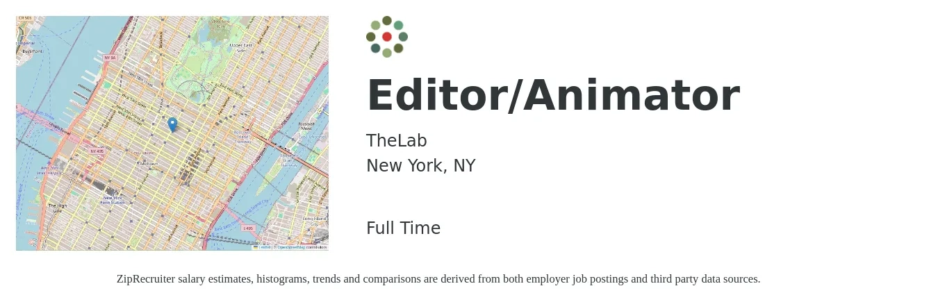 TheLab job posting for a Editor/Animator in New York, NY with a salary of $24 to $45 Hourly with a map of New York location.