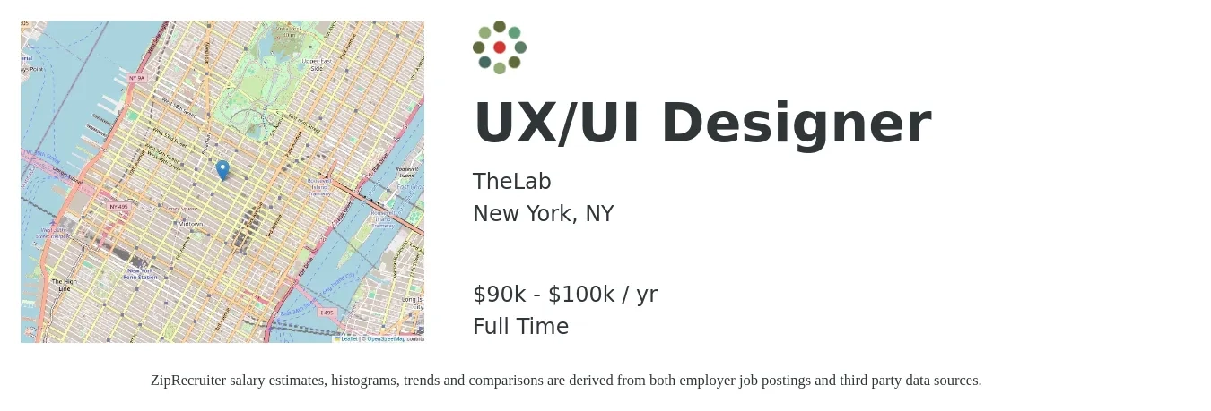 TheLab job posting for a UX/UI Designer in New York, NY with a salary of $90,000 to $100,000 Yearly with a map of New York location.