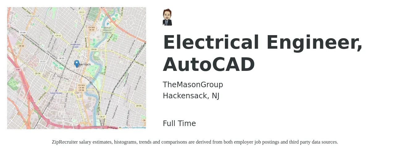 TheMasonGroup job posting for a Electrical Engineer, AutoCAD in Hackensack, NJ with a salary of $90,200 to $143,500 Yearly with a map of Hackensack location.