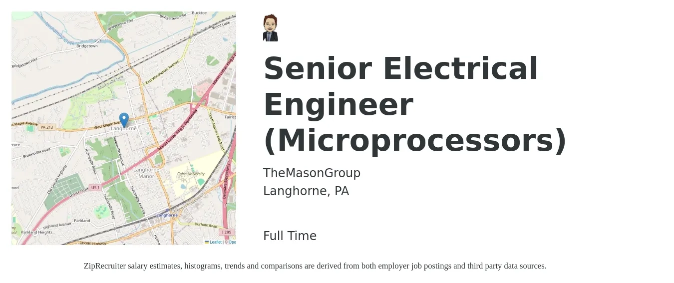 TheMasonGroup job posting for a Senior Electrical Engineer (Microprocessors) in Langhorne, PA with a salary of $101,500 to $132,100 Yearly with a map of Langhorne location.
